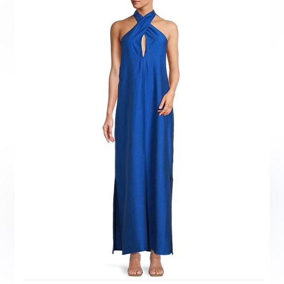 Antonio Melani Sondra Lyocell Blend Crisscross Halter Maxi Dress Blue Small NWT - Picture 1 of 14